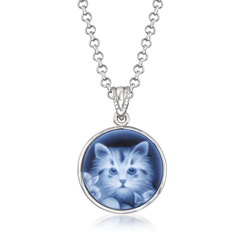 Sterling silver cat cameo pendant necklace with blue agate round disc