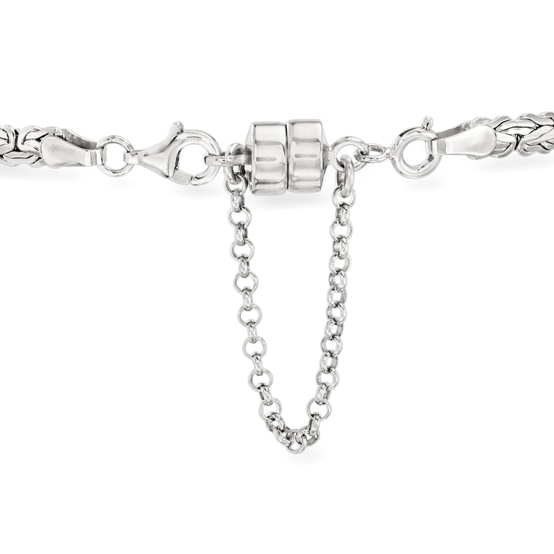 Sterling silver magnetic clasp converter with safety chain, interlocking ring connectors