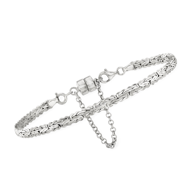 Sterling silver magnetic clasp converter with braided bracelet links and safety chain