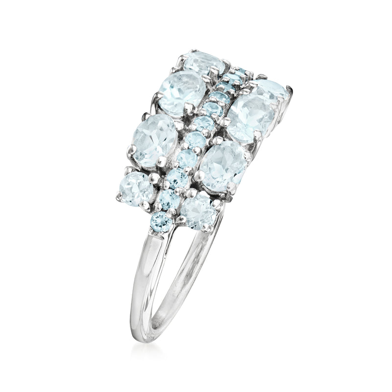 Sterling silver ring featuring aquamarine and Swiss Blue topaz in a raised cluster