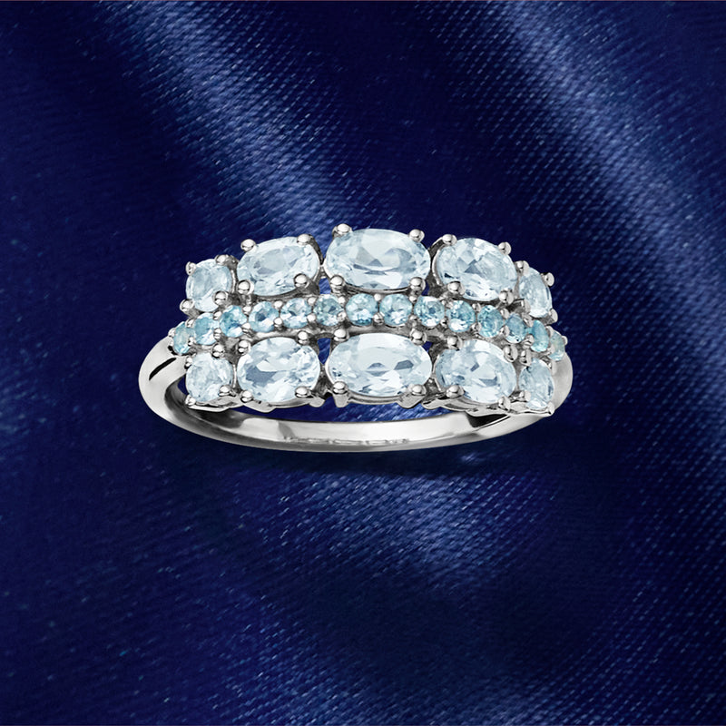Sterling silver three-row ring with aquamarine and Swiss Blue topaz oval stones