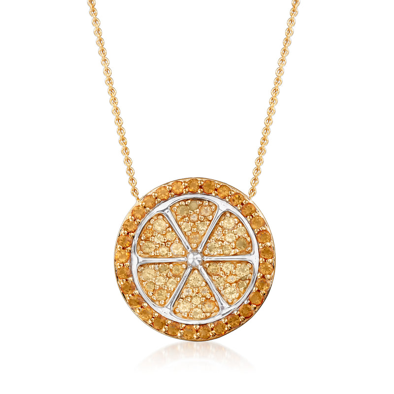 Two-tone sterling silver citrus necklace with round citrine gemstone pendant