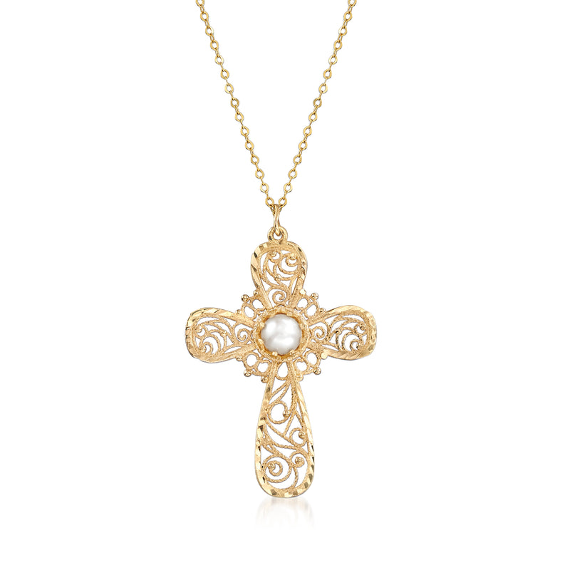 14kt yellow gold filigree cross pendant necklace with round cultured pearl