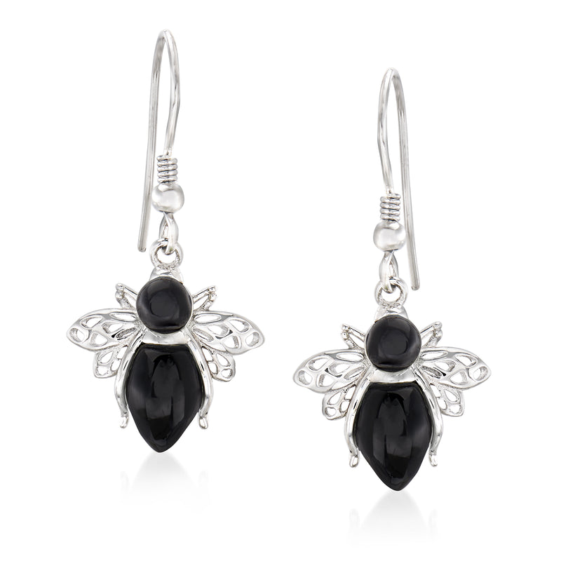Sterling silver drop earrings with black onyx bee charms and loop earwires