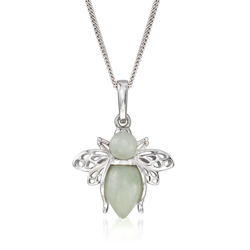 Sterling silver necklace with green jade bee pendant, detailed filigree wings