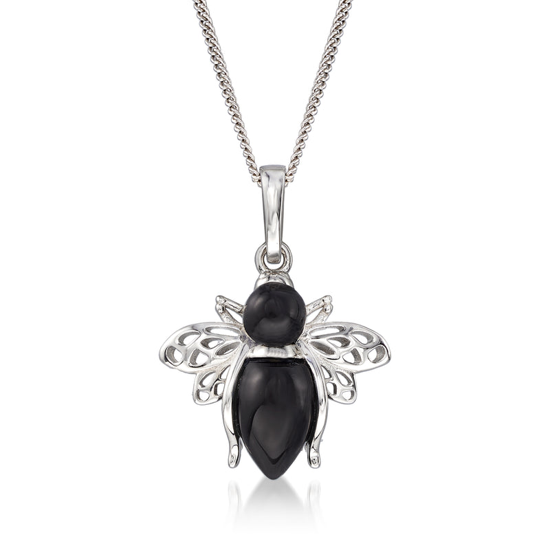 Sterling silver onyx bee pendant necklace with black oval cabochon stones