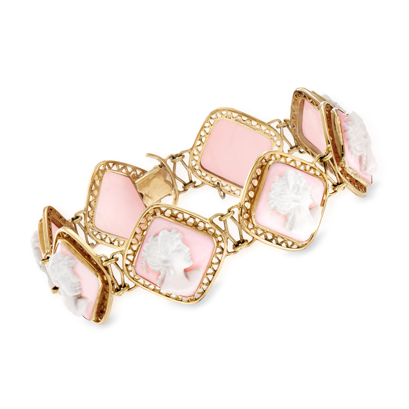 Vintage 18kt yellow gold cameo bracelet with pink agate and white profile medallions
