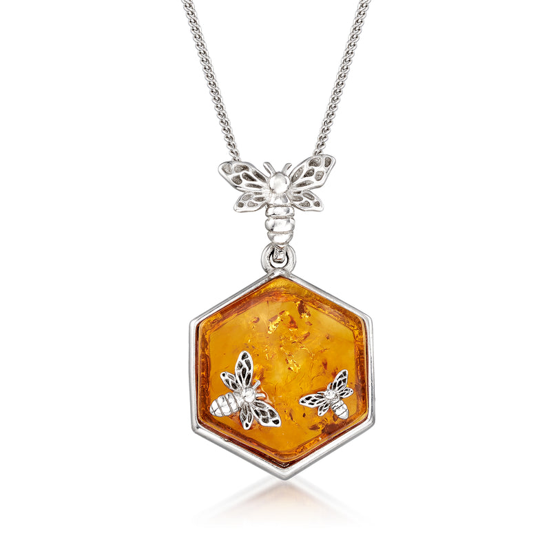 Sterling silver pendant necklace with amber octagon resin and bee motifs
