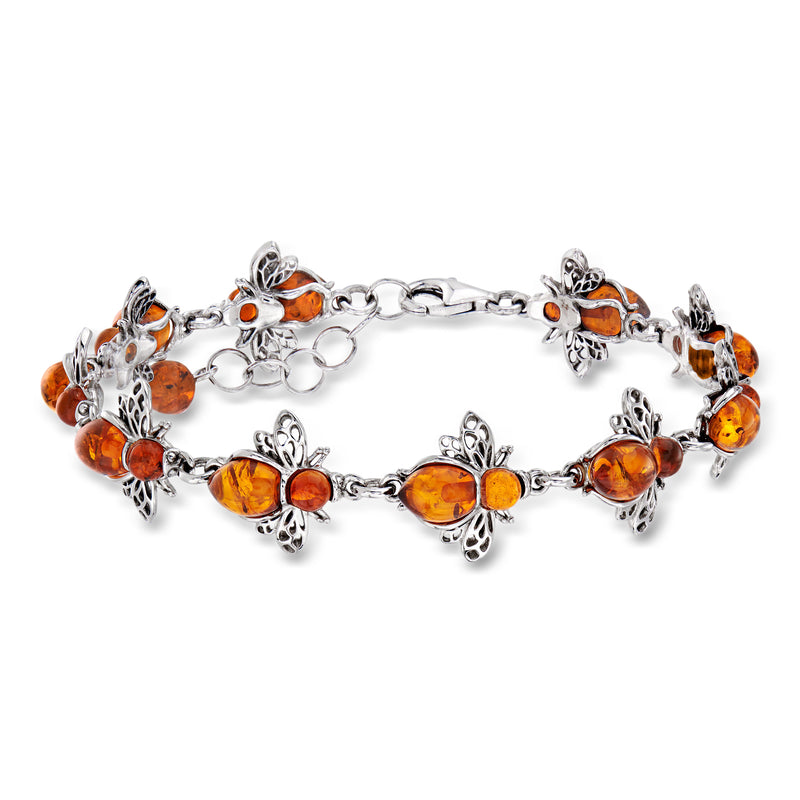 Sterling silver amber bracelet with bumblebee charms and orange gemstone beads