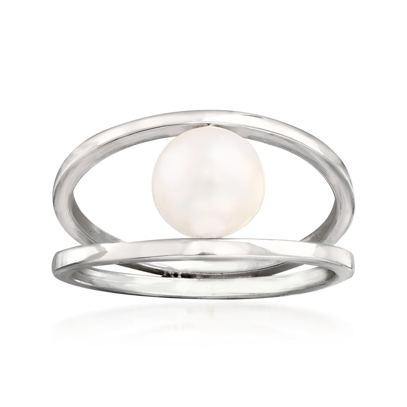 Sterling silver double open-circle ring with 8mm white cultured pearl centerpiece