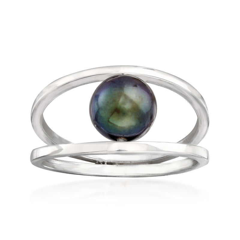 Sterling silver double open-circle ring with dark cultured pearl center
