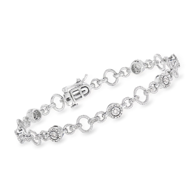 Sterling silver diamond cluster link bracelet with round halo stations