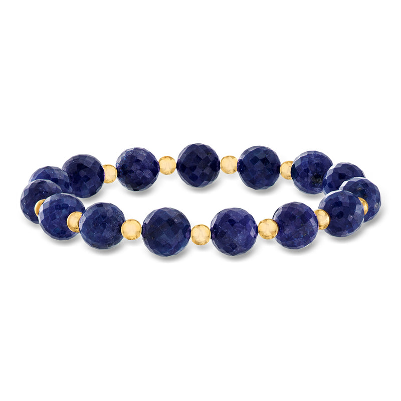 Sapphire bead stretch bracelet with dark blue round beads and 14kt yellow gold spacers
