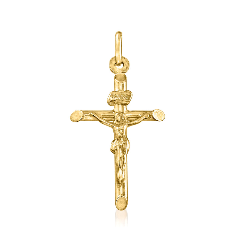 14kt yellow gold crucifix pendant, detailed cross with small round top bail