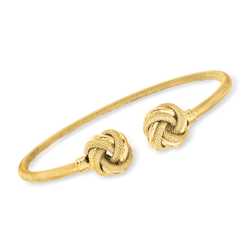 14kt yellow gold love knot cuff bracelet with textured knot detail, slim mesh-style band