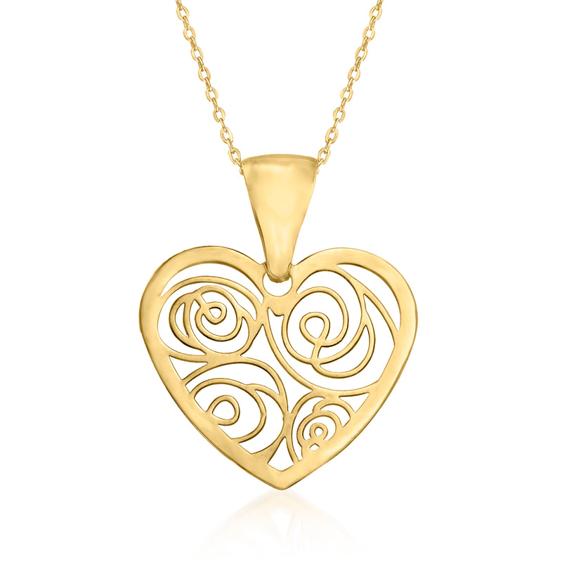 Yellow gold openwork heart pendant necklace with loop bail on chain