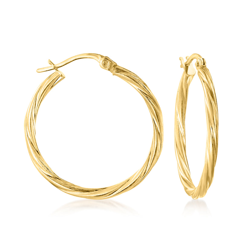 14kt yellow gold twisted hoop earrings, hinged closure, polished ridged hoops