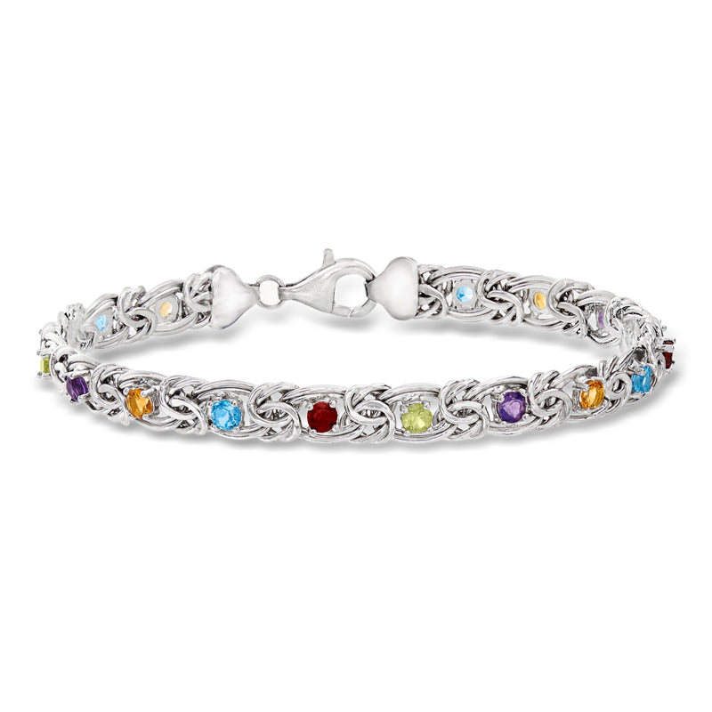 Sterling silver Byzantine bracelet with linked chain and multicolor gemstone accents, clasp