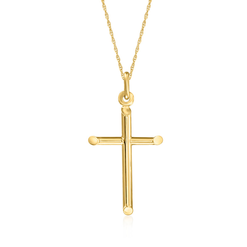 Gold cross necklace pendant with bail and short chain links, polished