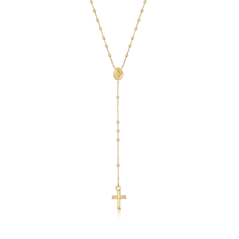 14kt yellow gold rosary necklace with round miraculous medal and cross pendant