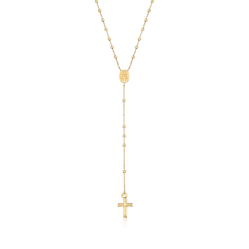 14kt yellow gold rosary necklace with round miraculous medal and long cross drop