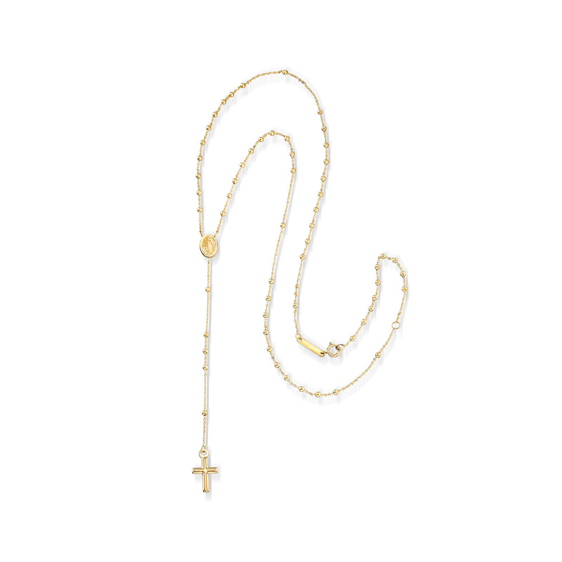 14kt yellow gold rosary necklace with round medal, long chain, and cross pendant