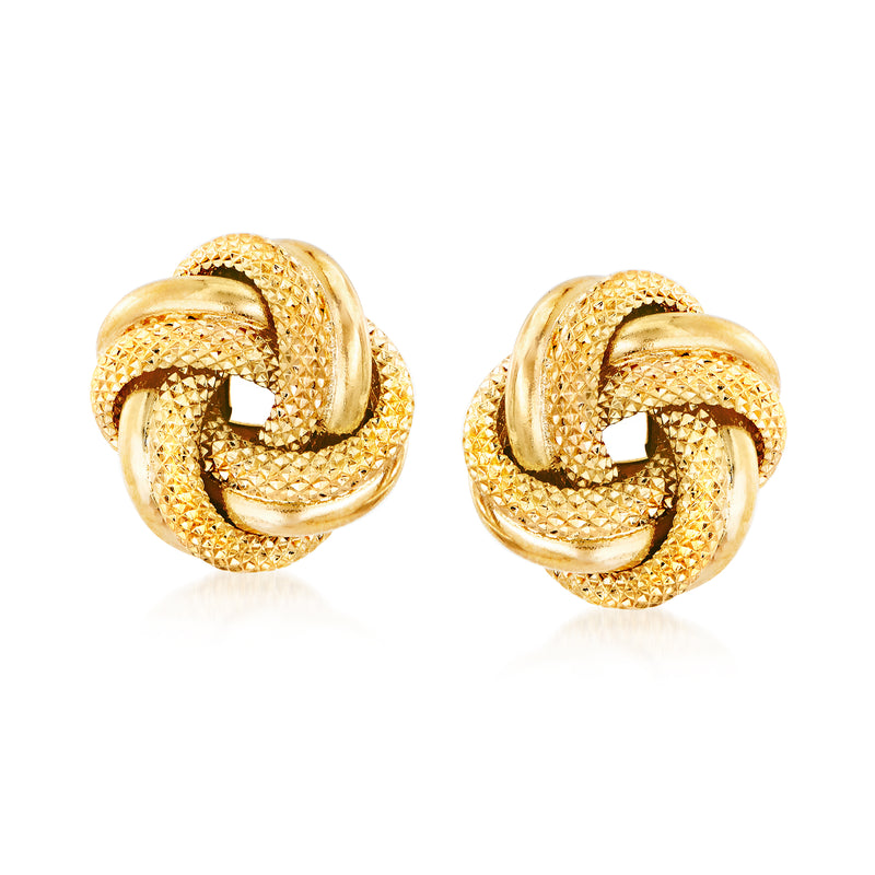 18kt yellow gold love knot stud earrings with textured braided design