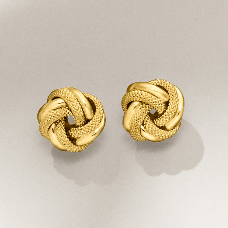 18kt yellow gold love knot stud earrings, round braided knot detail