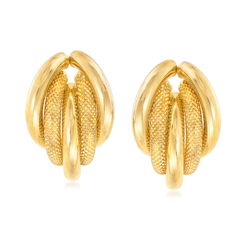 Yellow gold textured multi-row curved hoop earrings