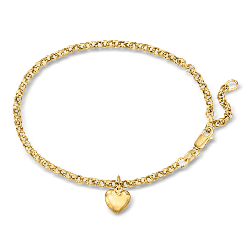 Yellow gold heart charm bracelet with linked curb chain and small heart pendant