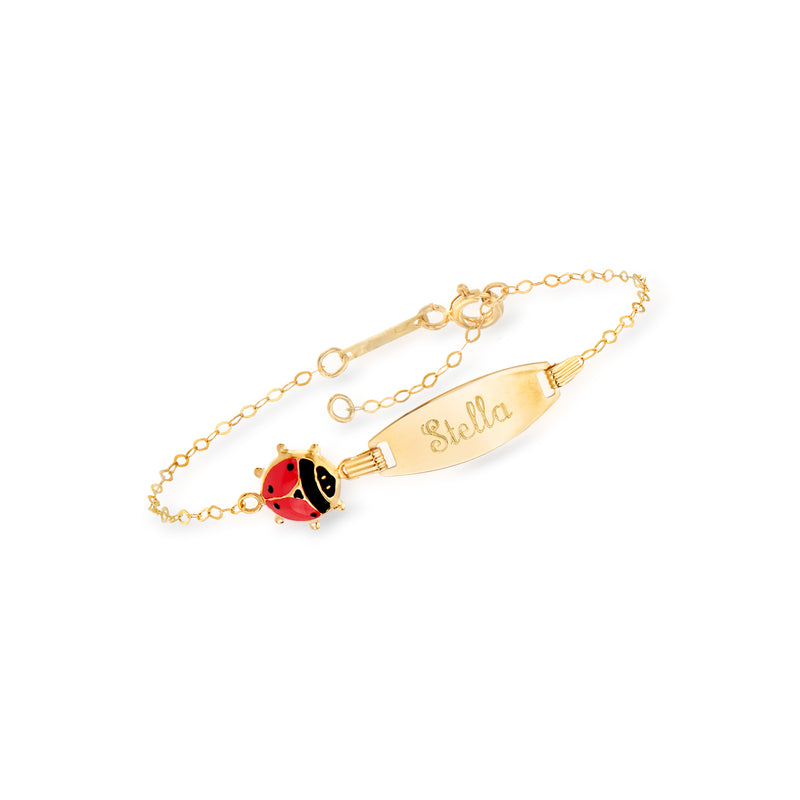 18kt yellow gold ID bracelet with engraved tag and red/black ladybug enamel charm