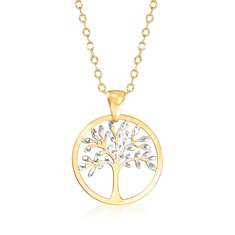 Two-tone gold tree of life cut-out pendant necklace, circular pendant with chain