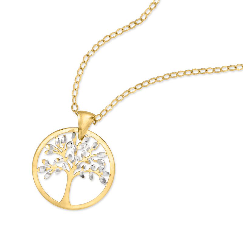 Two-tone gold tree of life pendant necklace with circular cut-out tree and chain links
