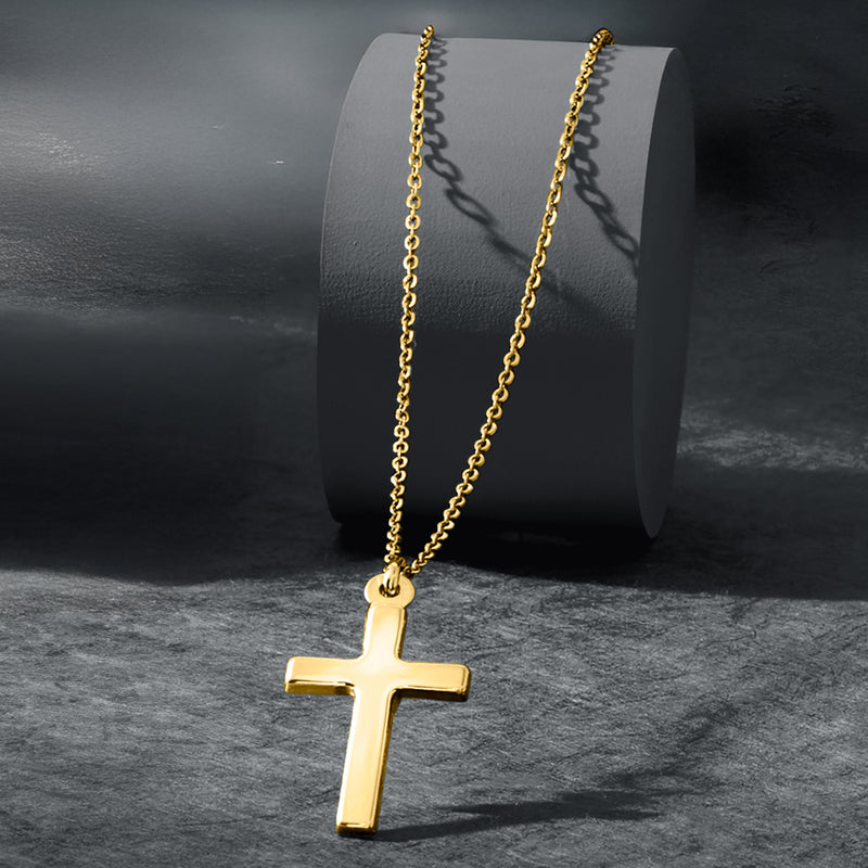 Yellow gold cross pendant on a long chain, polished cross profile