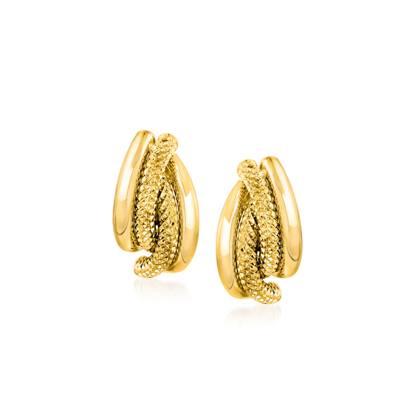18kt yellow gold textured and polished hoop post earrings