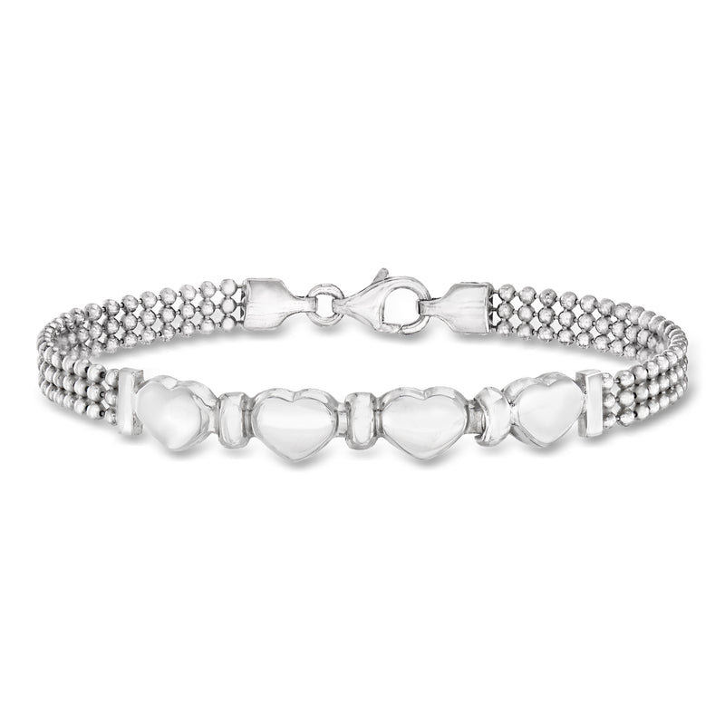 Sterling silver heart beaded bracelet with double-row bead link design and clasp