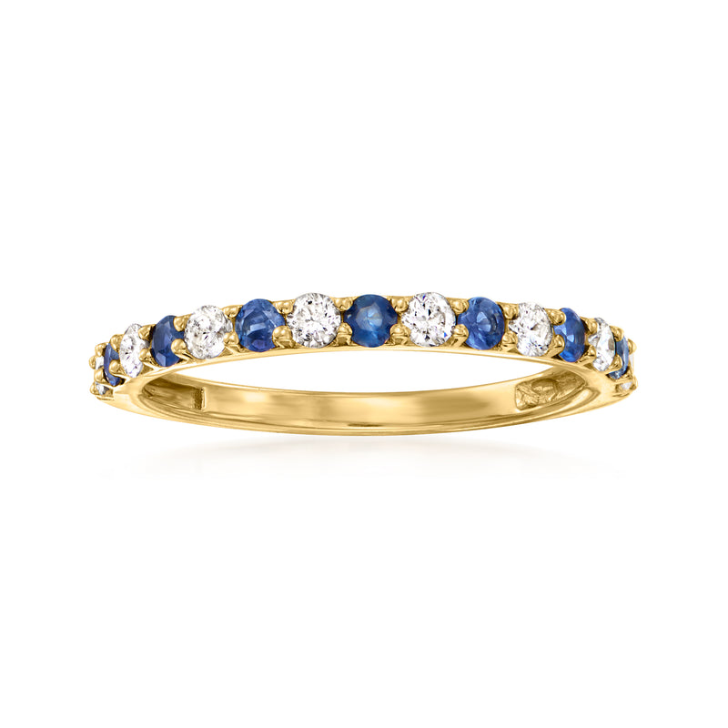 Sapphire and diamond ring in 14kt yellow gold, blue round stones with white diamond accents