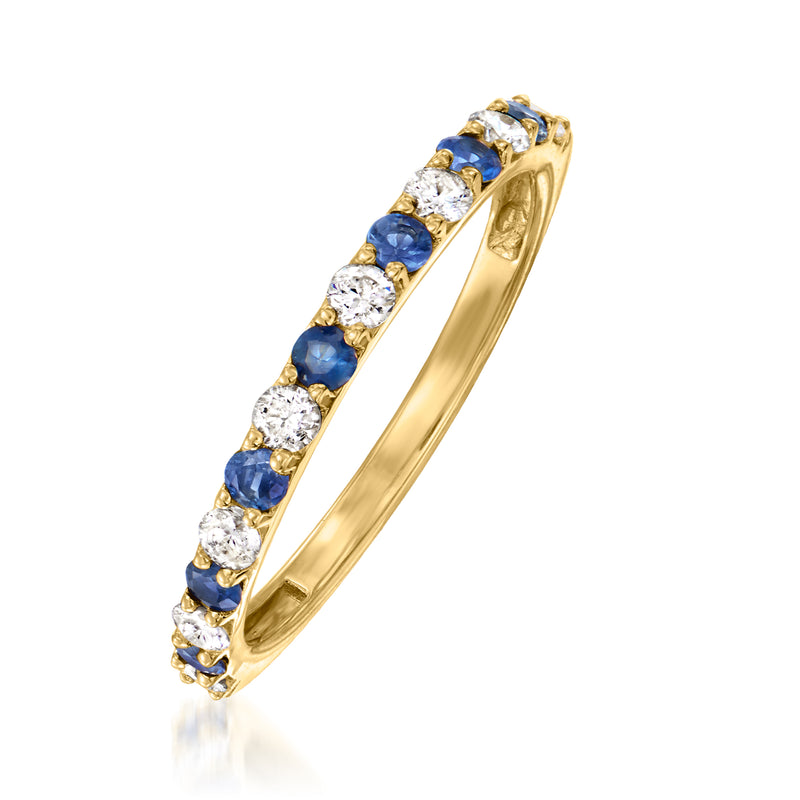14kt yellow gold sapphire and diamond ring, blue and white stones set along the band