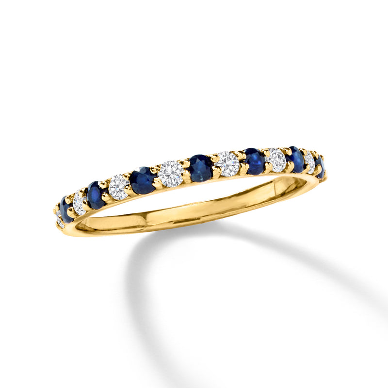 Sapphire and diamond band ring in 14kt yellow gold, alternating blue and white round stones