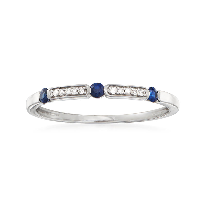 14kt white gold ring with sapphire center and diamond-accented side bars