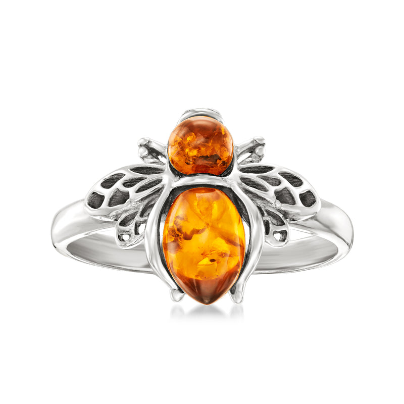 Sterling silver bumblebee ring with oval amber cabochon and filigree