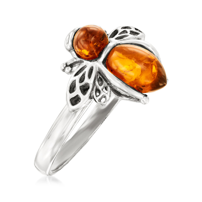 Sterling silver bumblebee ring with two oval amber cabochons and textured wings