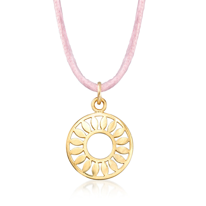 18kt yellow gold sun disc pendant necklace with pink silk cord