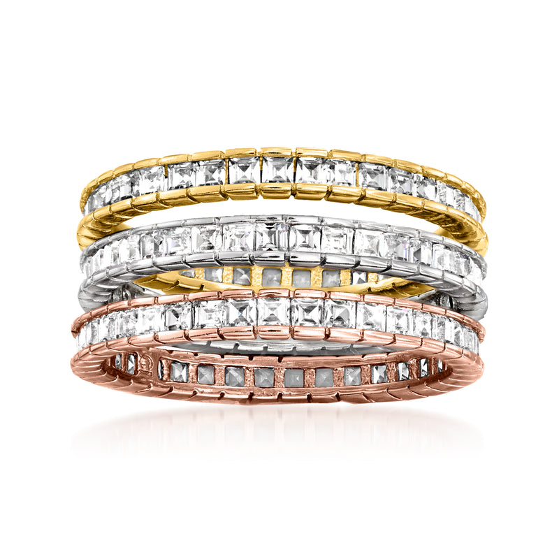Tri-colored sterling silver eternity band set with clear CZ stones, three stacked rings