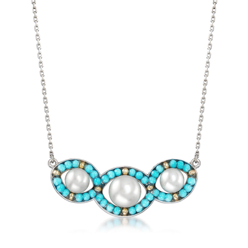 Sterling silver necklace with turquoise bead oval pendant and three cultured pearls