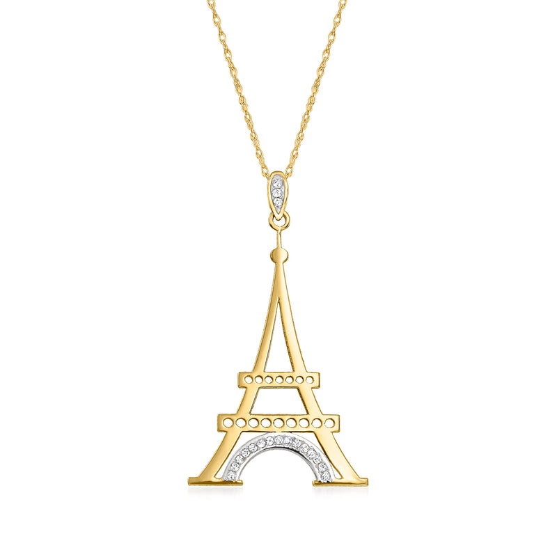 14kt yellow gold Eiffel Tower pendant necklace with diamond accents and arch details