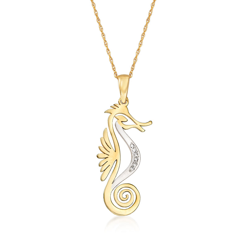 14k yellow gold cut-out seahorse pendant necklace with diamond accents