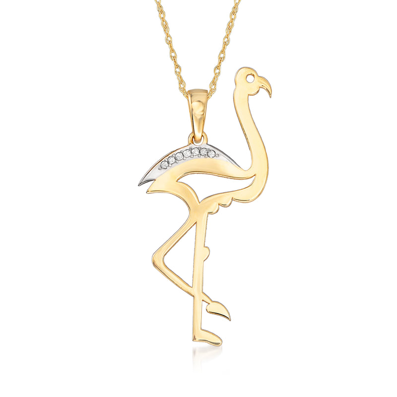 14kt yellow gold flamingo pendant necklace with cut-out design and diamond accents