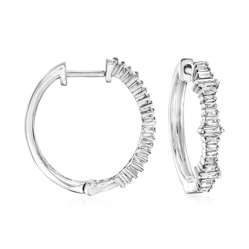 Diamond baguette hoop earrings in 14kt white gold, front and side view