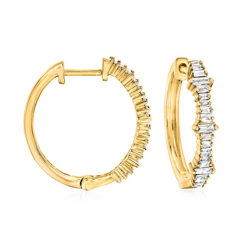 14kt yellow gold baguette diamond hoop earrings with baguette-cut stones